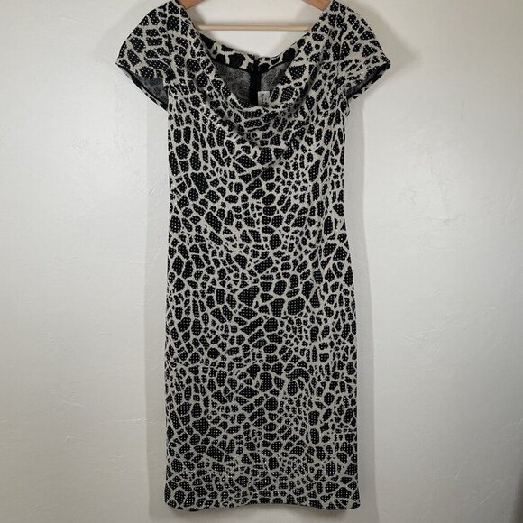 ST JOHN Evening Santana Knit Cocktail Dress Metallic Shimmer Studs Black White 4 - Picture 2 of 16